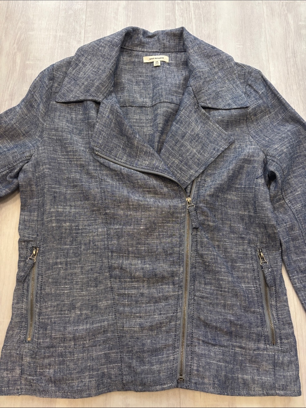Max Studio Navy Linen Blend Asymmetrical Zip Jacket Size X Small - Picture 4 of 7